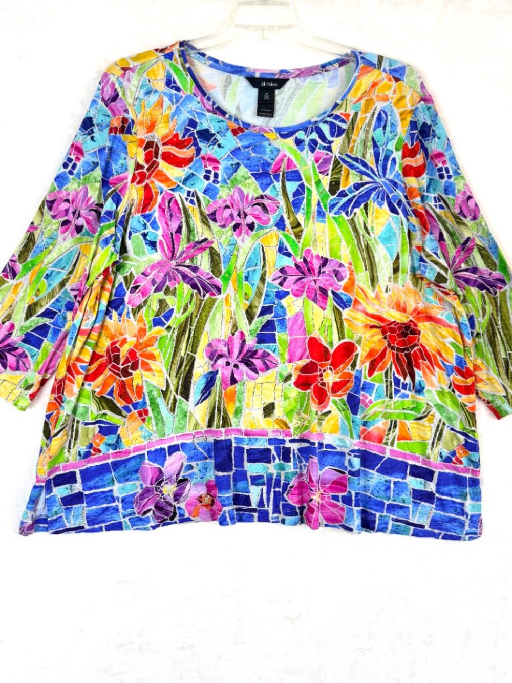 ALI MILES Colorful Abstract Artsy Boho Studded Maximalist LS Tunic Blouse 2X
